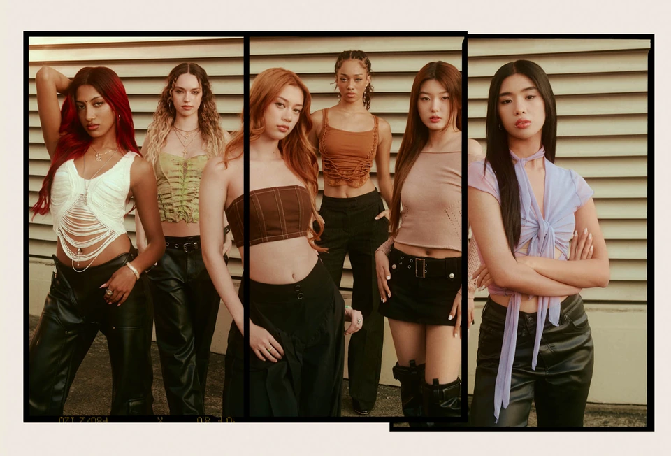 Girl group Katseye — Grammy-nominated — in crop tops and leather pants against slatted metal, warm film-toned triptych.