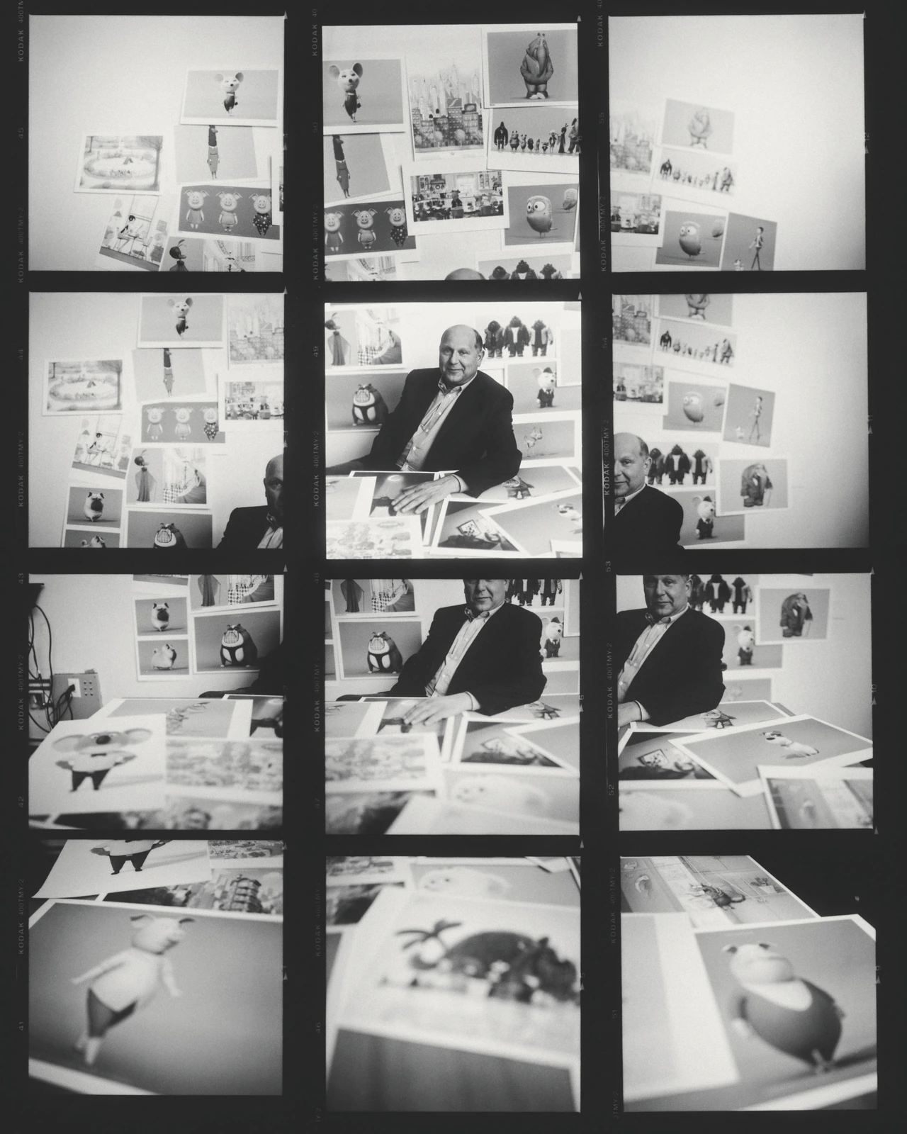Producer Chris Meledandri surrounded by animated character artwork, shot as a B&W contact sheet for The Hollywood Reporter.