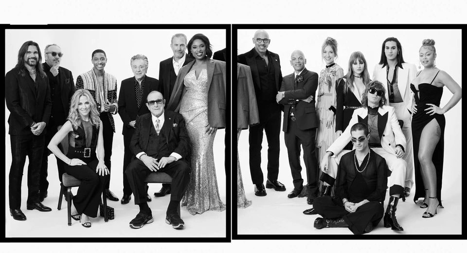 Clive Davis Grammy Party group portrait, two ensembles of music industry stars in formal wear against white, black and white.