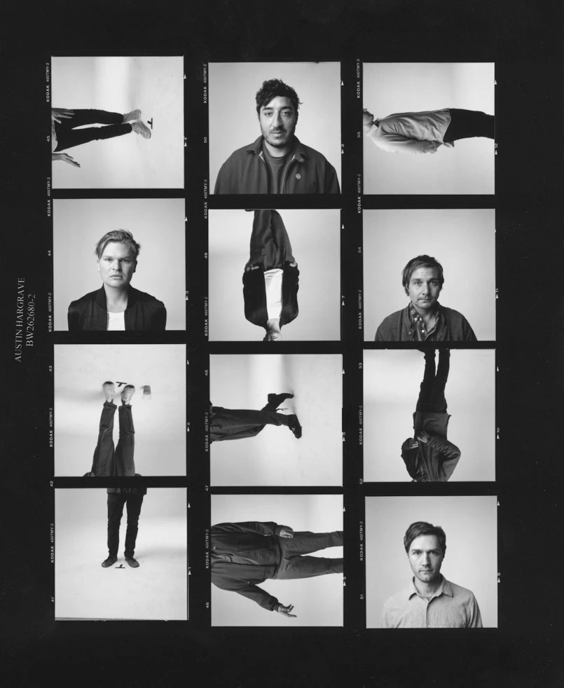 Grizzly Bear shot on Kodak black-and-white film, a contact sheet of twelve frames mixing portraits and inverted full-body.