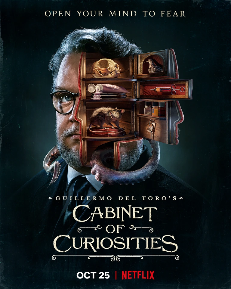 Director Guillermo del Toro in a surreal Cabinet of Curiosities Netflix key art, his face opened as a cabinet of skulls and.
