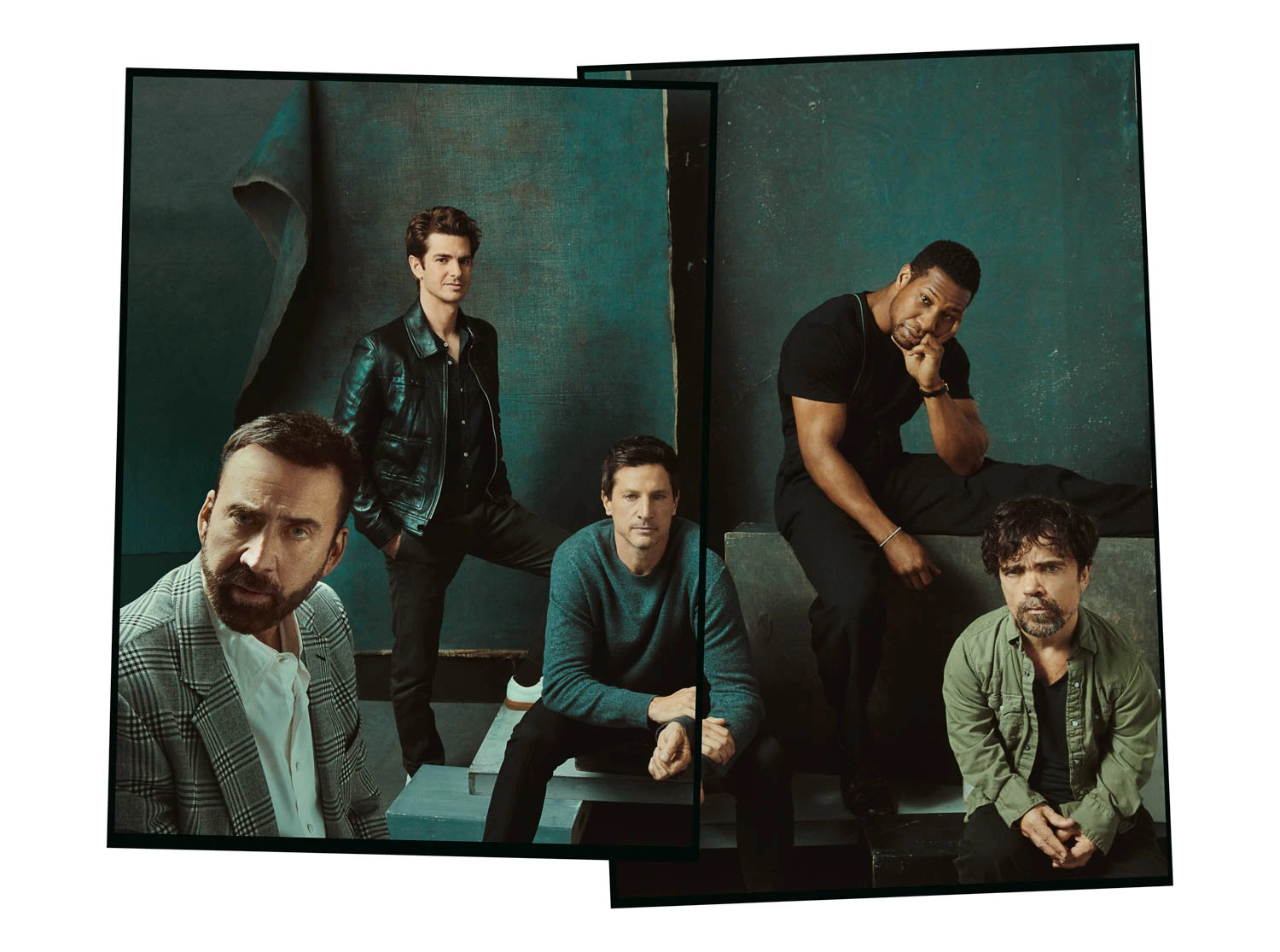 Actors Nicolas Cage, Andrew Garfield, Simon Rex, Jonathan Majors, and Peter Dinklage in a teal-walled studio.