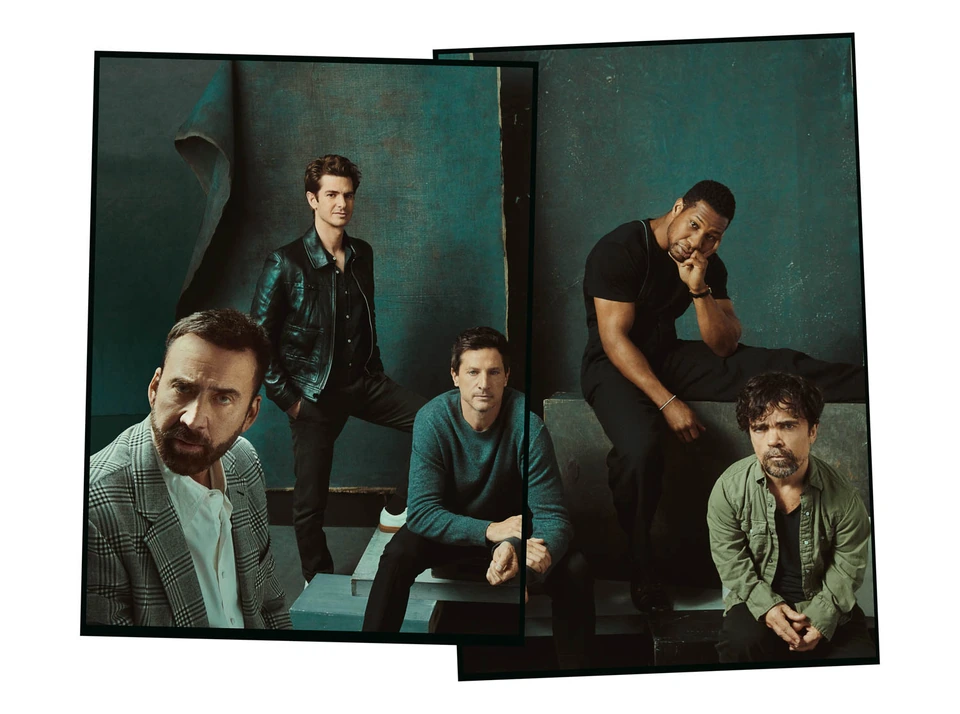 Actors Nicolas Cage, Andrew Garfield, Simon Rex, Jonathan Majors, and Peter Dinklage in a teal-walled studio.