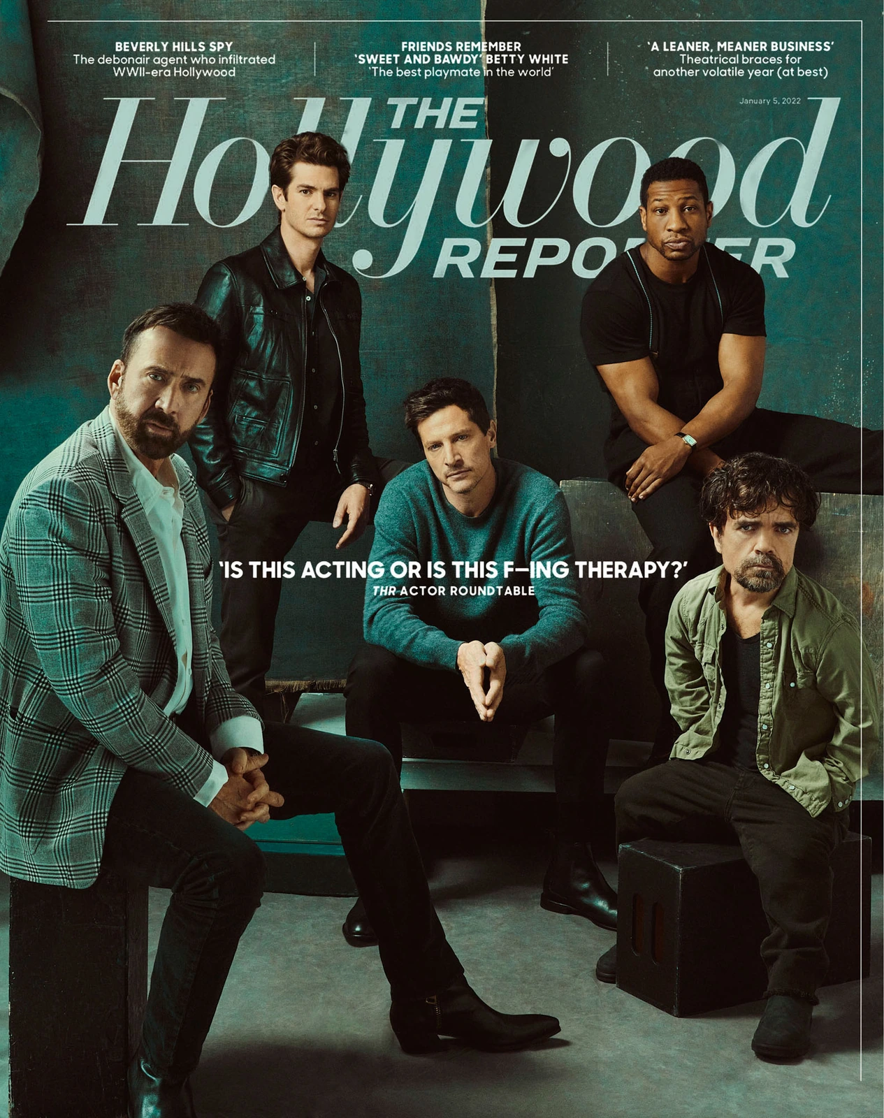 Actors Nicolas Cage, Andrew Garfield, Simon Rex, Jonathan Majors, and Peter Dinklage on the THR Oscar Actor Roundtable.