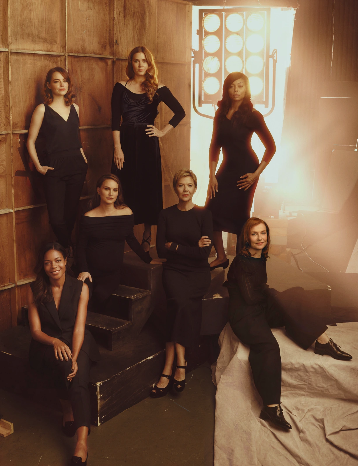 Actors Emma Stone, Natalie Portman, Taraji P. Henson, Annette Bening, Naomie Harris, and Isabelle Huppert on film set