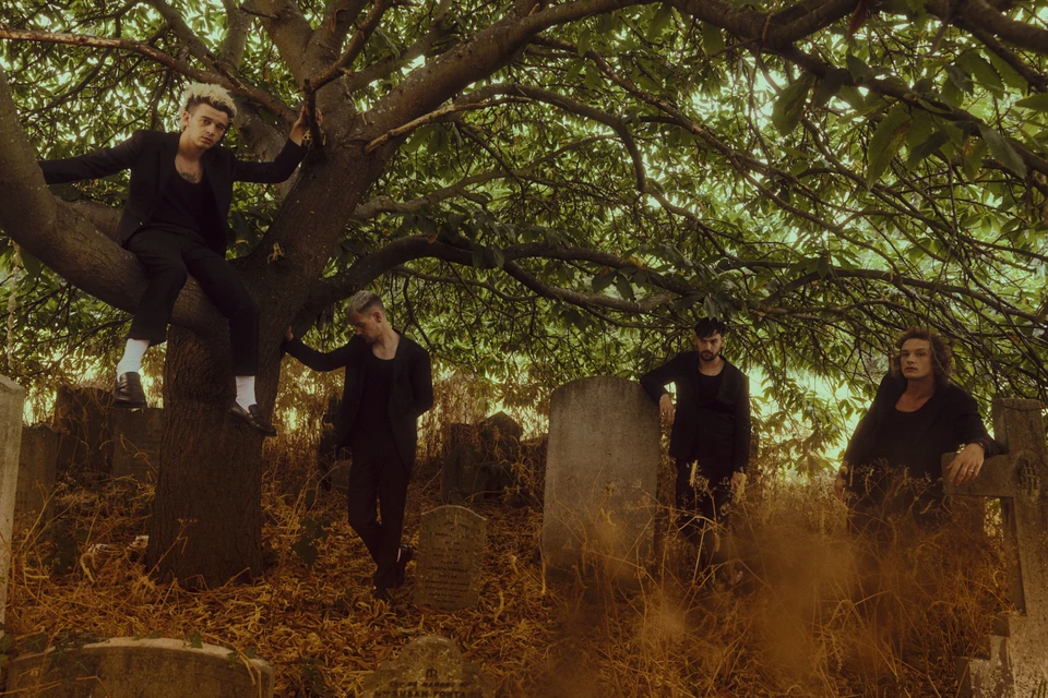 Pop rock band The 1975 — Matty Healy perched in a gnarled tree above three bandmates among weathered gravestones, all.