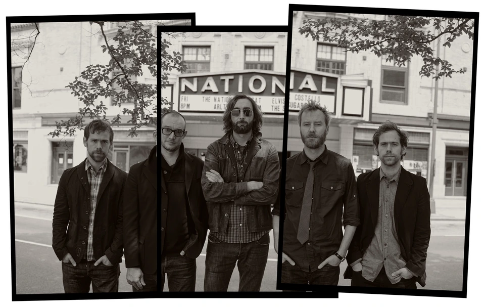 Rock band The National posed in overlapping triptych frames outside the National Theatre marquee, black and white, quiet.