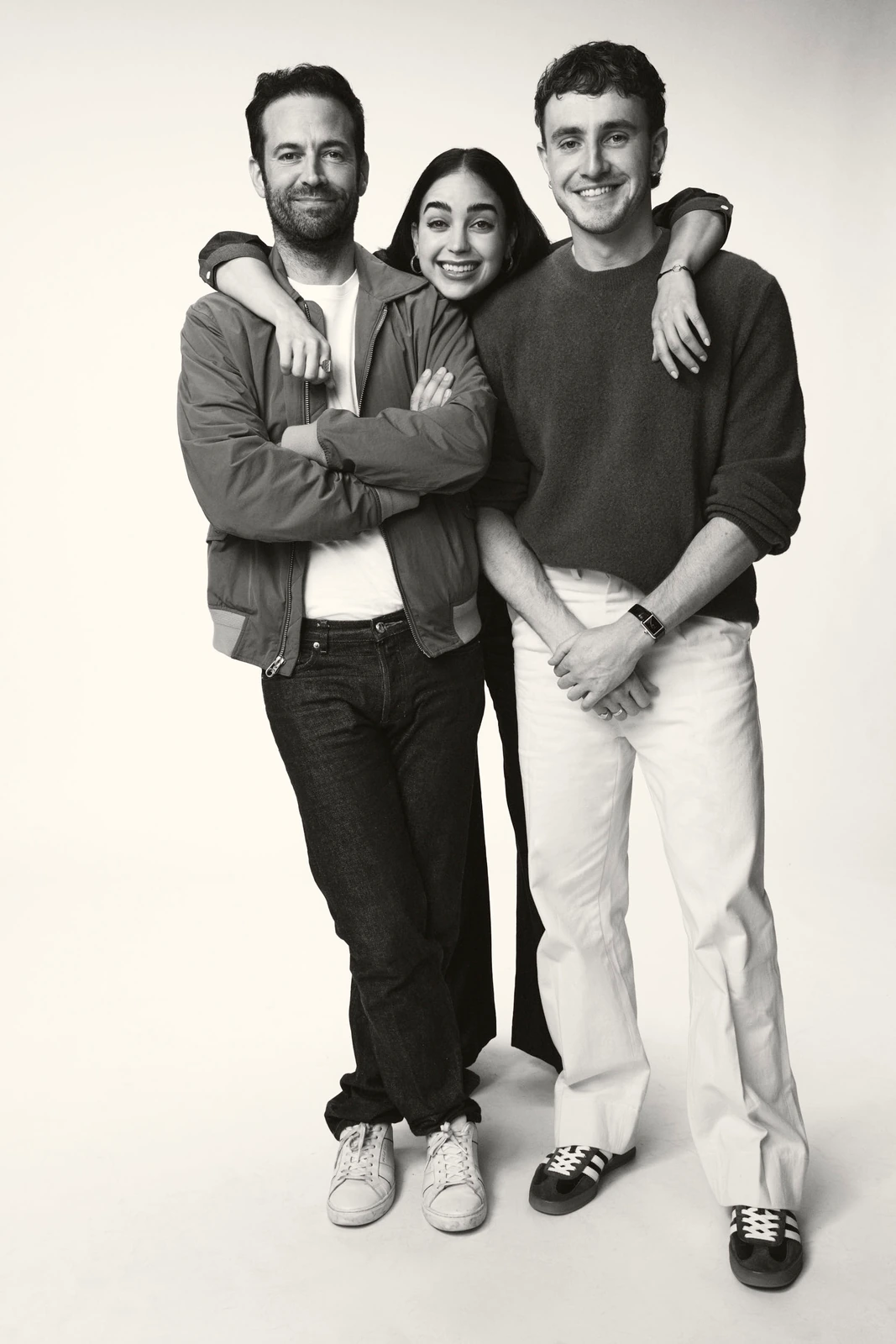 Director Benjamin Millepied, actor Melissa Barrera, and actor Paul Mescal in black and white at Toronto Film Festival 2022.