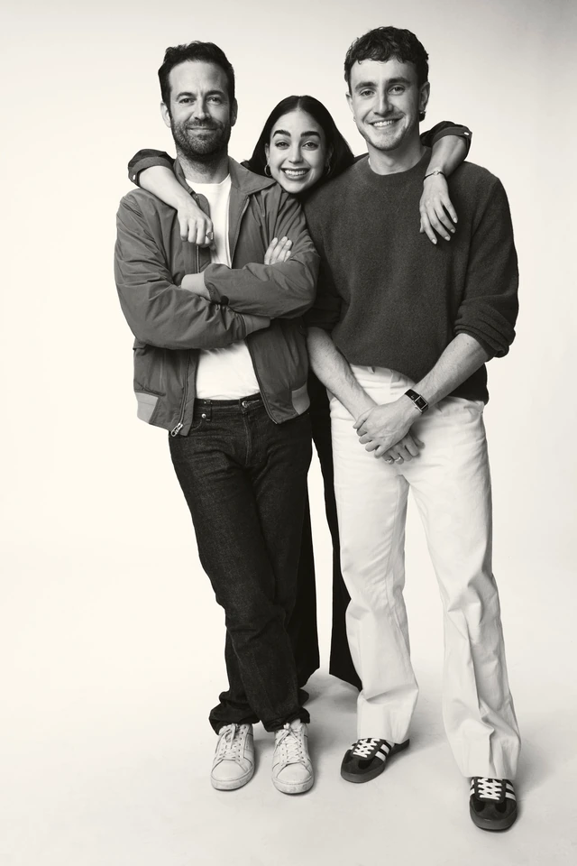 Director Benjamin Millepied, actor Melissa Barrera, and actor Paul Mescal in black and white at Toronto Film Festival 2022.