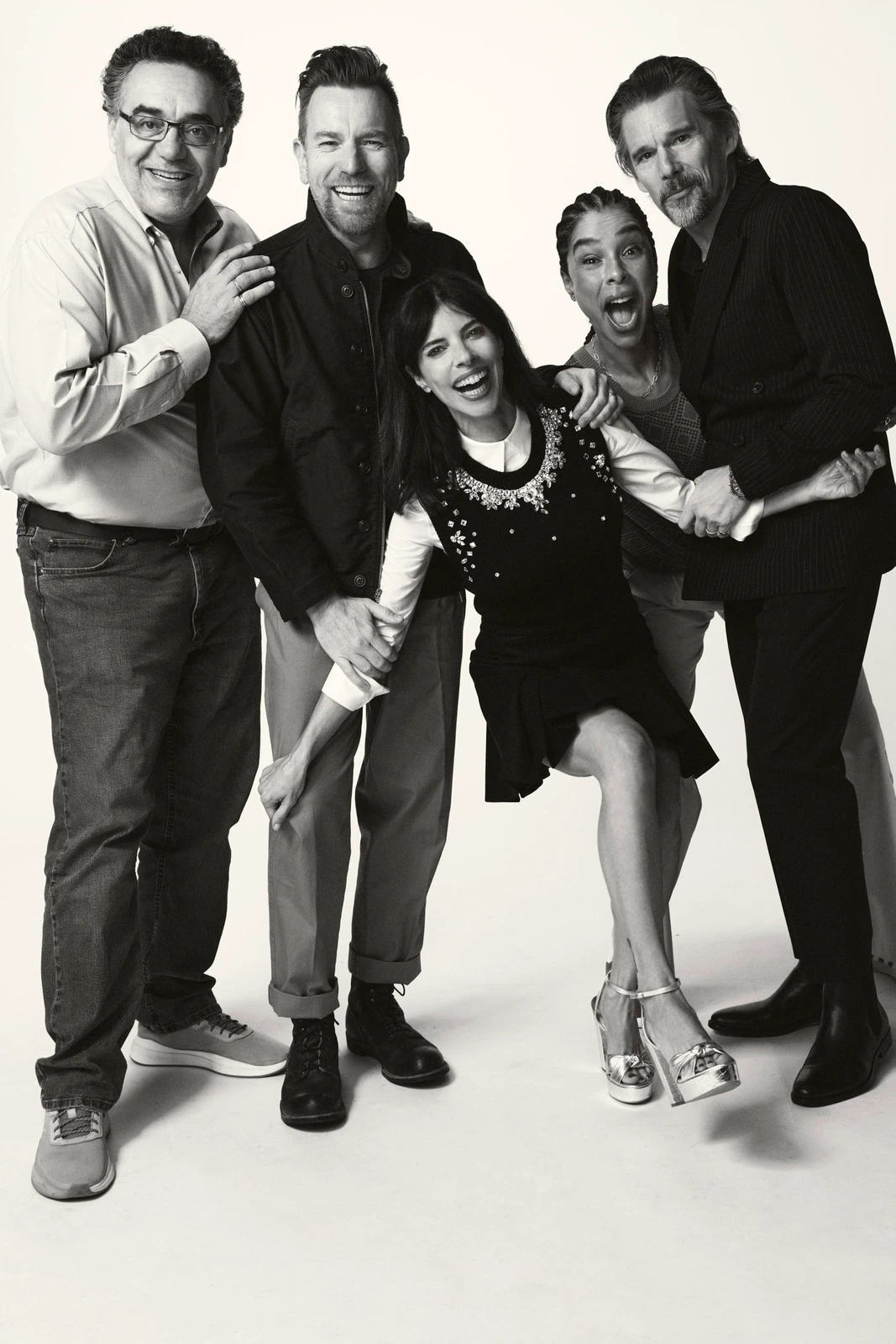 Rodrigo García, Ewan McGregor, Maribel Verdú, Sophie Okonedo, and Ethan Hawke laughing together in B&W at Toronto Film.